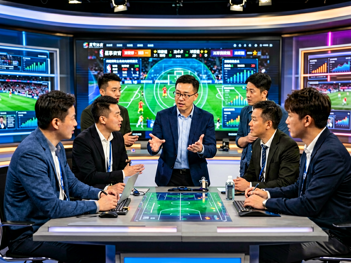 体育编辑团队在演播室分析赛事数据，展现星穹体育专业内容生产能力